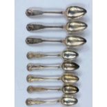 A matched set of 5 King's Pattern hallmarked silver teaspoons, 3 fiddle and shell hallmarked