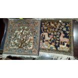 A small pair of 20th century, hand knotted, silk carpet sqaures depicting birds & animals in