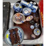 An oriental lacquered and painted wooden tray and a selection of Chinese and other ceramics,