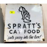 A white enamel sign for Spratt's cat food 'Puts Pussy into Fine Form', 30 x 30 cm