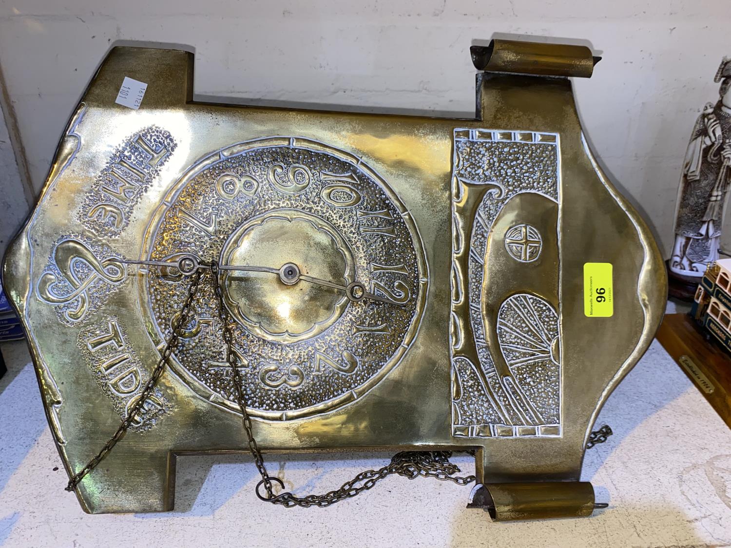 An Art Nouveau/Arts & Crafts wall clock with heavily embossed brass face, inscribed 'Time and Tide', - Image 4 of 6