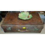 A mid 20th century leather suitcase with Carltonware nut bowl and a music stand