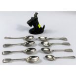 8 various 19th century, fiddle pattern hallmarked silver teaspoons, 5oz; a novelty bronzed metal