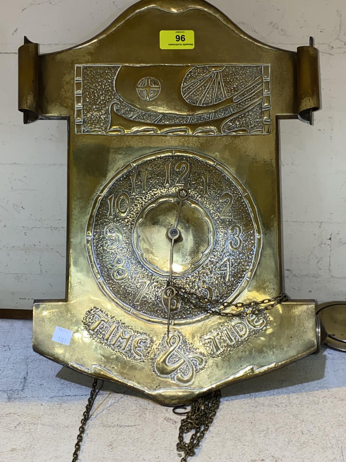 An Art Nouveau/Arts & Crafts wall clock with heavily embossed brass face, inscribed 'Time and Tide', - Image 2 of 6