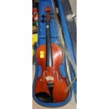 A modern cased violin plus 2 bows length 34cm