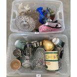 A box of glassware and a box of kitchenalia etc.