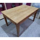 A joined pine kitchen table with frieze drawer on square tapered legs. 54' long; the lot to
