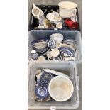 Three boxes of blue and white and other ceramics