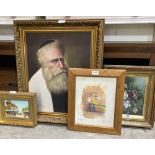 An oil portrait of an elderly monk, a still life oil, a watercolour snooker cartoon and a small oil,