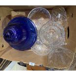 Two boxes of glassware to include a blue glass bell jar