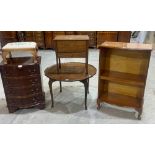 A small serpentine chest of drawers, an open bookcase, low table, a footstool and a work table (5)