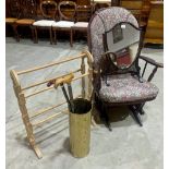 A modern rocking chair, towel rail, dressing table mirror and a brass stickstand (4)