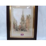 ENGLISH SCHOOL. 20TH CENTURY A city street scene. Indistinctly signed. Watercolour 14' x 9¼'