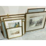 A collection of framed watercolour drawings