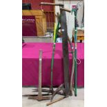 A telescopic tree lopper; 2 scythes and other long handled tools