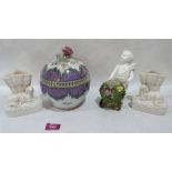 A pair of Staffordshire white glazed spill vases, a Samson globular bowl and cover (A.F.) and a