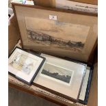 An etching, two watercolour drawings and a framed photograph