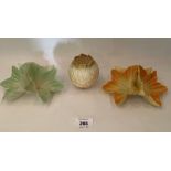 Two Grainger & Co Worcester table ornaments of triple flower form, shape G480 (green example