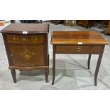 An inlaid serpentine bedside cabinet and a bedside table