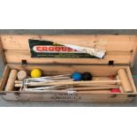 A Jaques croquet set in original pine box. No wooden pegs in Lot