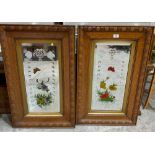 A pair of oak framed mirrors, the plates etched and reversed painted with flowers and flying