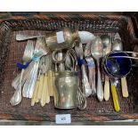 A basket and a box of plated cutlery etc.