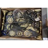 A box of brassware, tack etc.