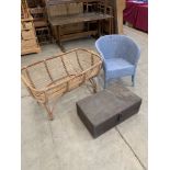 A bamboo cradle; a loom tub chair and a pine box (3)