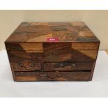 An early 20th century Japanese parquetry workbox, fitted with three drawers. 12' wide