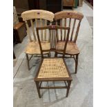 A pair of lath back kitchen chairs and an Edward VII line inlaid bedroom chair (3)