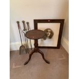 Three brass fire irons, a wine table and a framed print