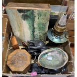 A box of wood, metalware, artist's materials etc.