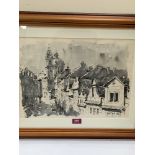 ROBERT PELUAIN. 20TH CENTURY Prague street scene. Signed and dated 1989. Pen and ink. 12' x 17'
