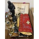 Two speltar figures, a textile banner, a pair of brass candlesticks, crumb pan etc.