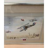 R. DAVIES. BRITISH 20TH CENTURY A WW1 dog fight over a battlefield. Signed. Watercolour. 12½' x