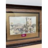 WYNFORD DEWHURT RBA; BRITISH 1864-1941 Castle keep with figures on a bridge . Signed initials and
