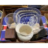 Two willow pattern plates, a pair of crackle glazed candle vases, jug, treen box and a martingale