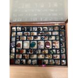 A late 19th century collection of polished semi-precious gemstones in a mahogany glazed display