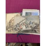 A folio of watercolour drawings and prints
