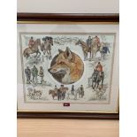 JAN FARGES. BRITISH 20TH CENTURY Study of a fox head with six hunting vignettes. Signed. Watercolour