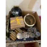 A box of wood, metalware and sundries