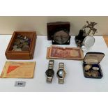 A collection of coins and banknotes, a cased compass, watches etc.