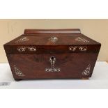 A Regency rosewood and mother-of-pearl inlaid sarcophagus tea caddy. Glass mixing bowl lacking. 12½'