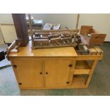 A pine work bench with paper guillotine 50' wide; to include bookbinder's cramps