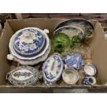 A collection of blue and white ceramics and miscellaneous glassware