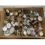 A collection of dolls house accessories, miniature ceramics and metalware