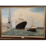 EDWARD BAKER. BRITISH 20TH CENTURY The Queen Elizabeth II liner and tugboat. Signed. Oil on canvas