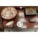 Two Japanese bowls, lacquer boxes, Japanese tray etc.