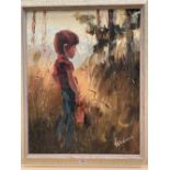 FOLKE LARSSON. AMERICAN Bn. 1933 Boy in a meadow. Signed. Oil on canvas 28' x 22' (Canvas hole)