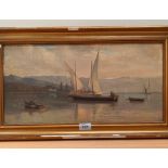 ENGLISH SCHOOL. 20TH CENTURY Lake scene with boats and figures. Oil on canvas 10' x 20'
